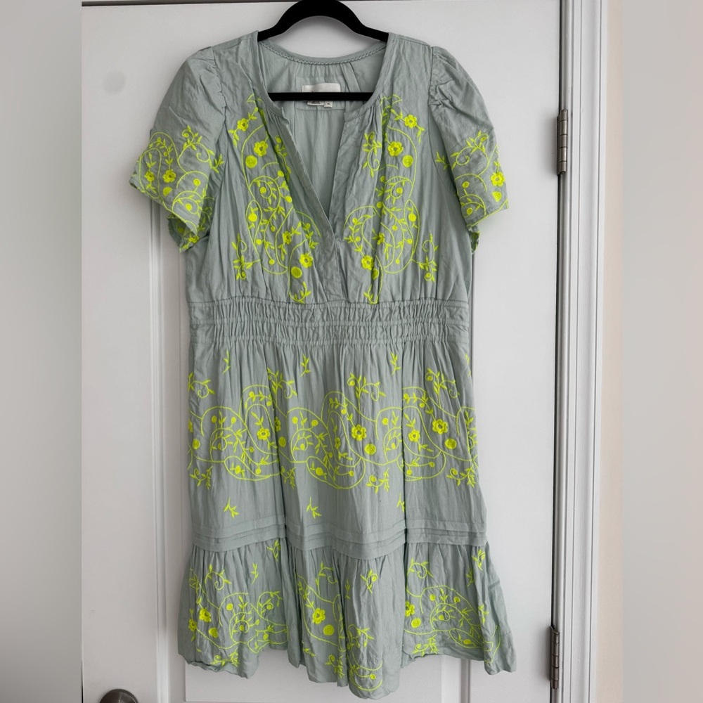 Anthropologie Sage Green Midi Dress with Neon Yellow Embroidery